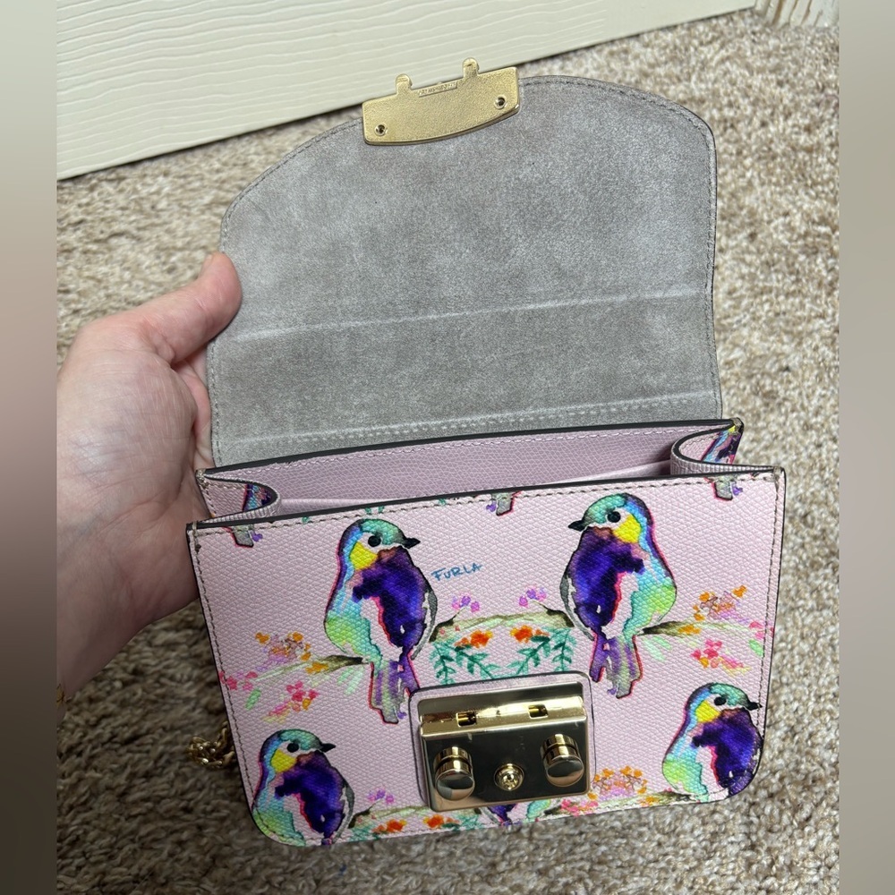 Furla Metropolis Mini Crossbody Bag womens authentic luxury pink gold floral EUC - Picture 13 of 17